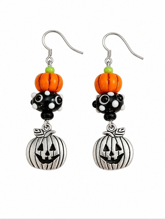 Hand Crafted Jewelry - HANDMADE Halloween Lampwork Czech Glass Pumpkin Dangle Hook Earrings